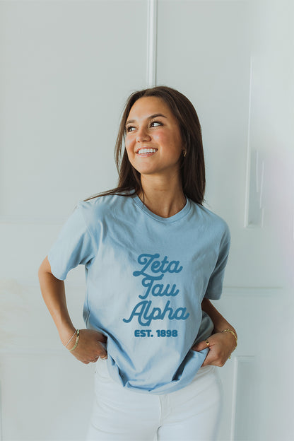 Blue with Blue text tee