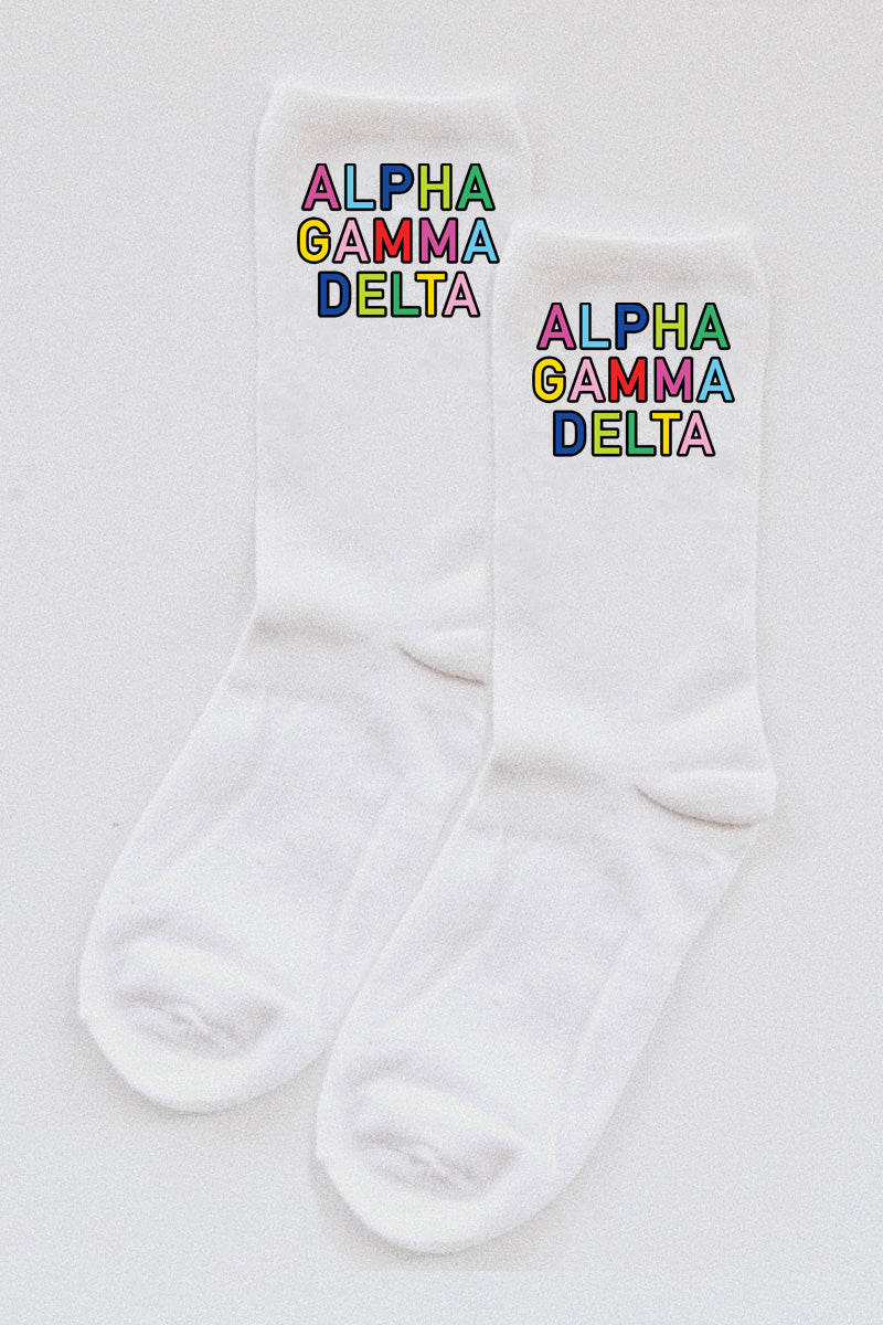 Colorful text socks - Alpha Gamma Delta - Spikes and Seams Greek