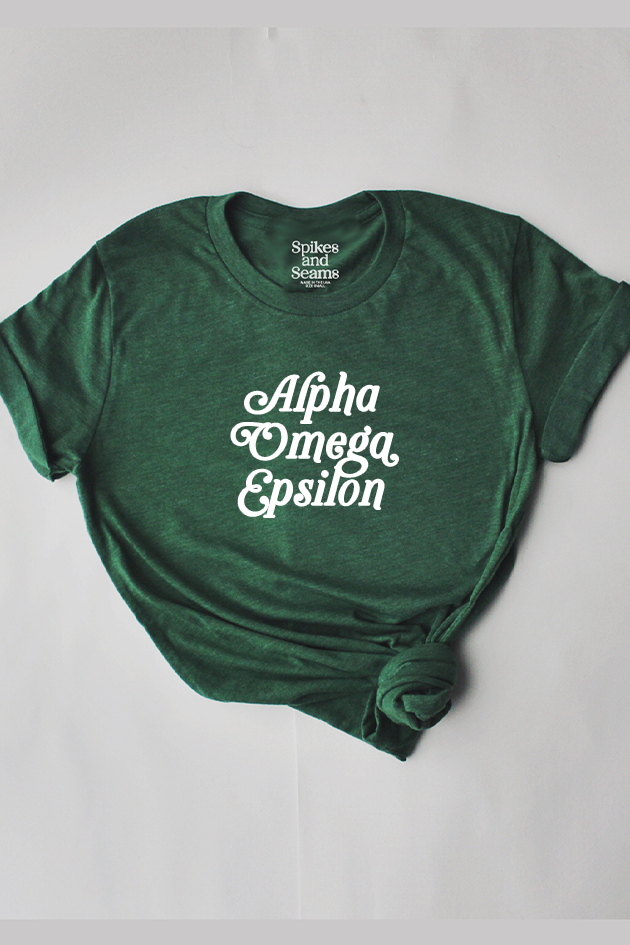 Green Script tee - Alpha Omega Epsilon