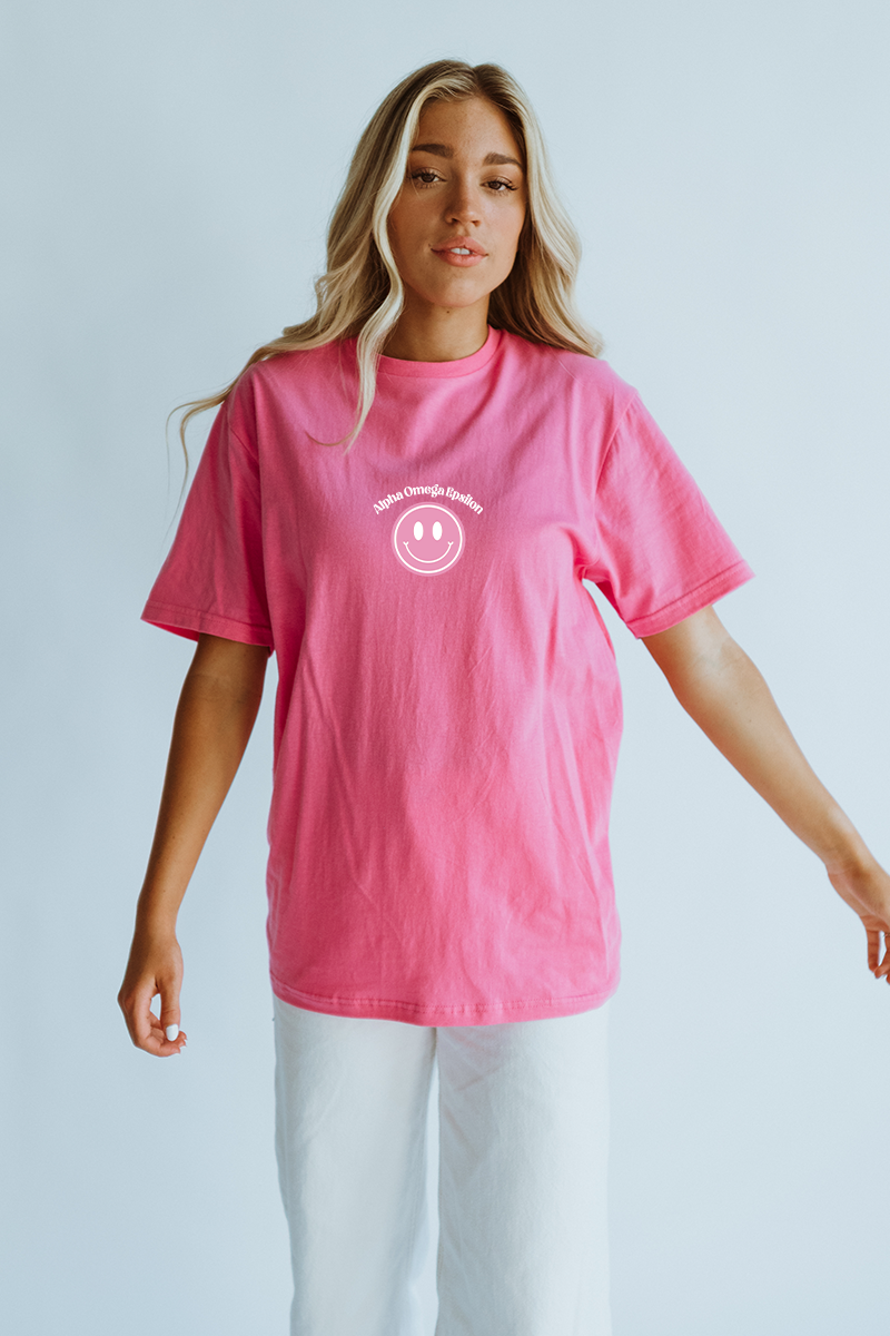 Pink Smiley tee - Alpha Omega Epsilon