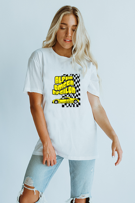 Yellow Sports Car tee - Alpha Omega Epsilon