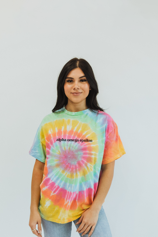 Tie Dye Block font tee - Alpha Omega Epsilon