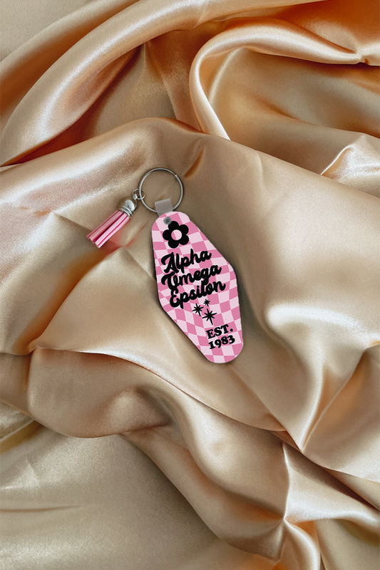 Pink checkers keychain - Alpha Omega Epsilon