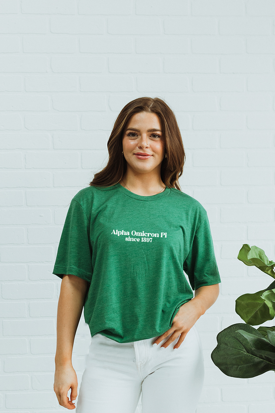 Green Block text tee - Alpha Omicron Pi