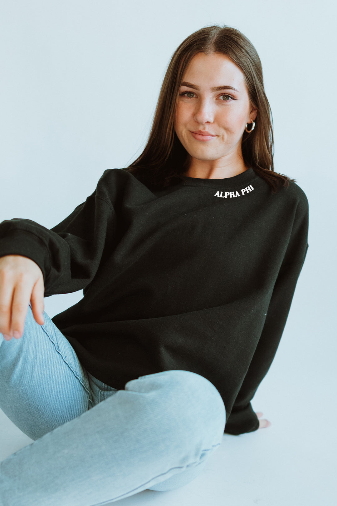 Black sweatshirt with White Collar text - Alpha Phi