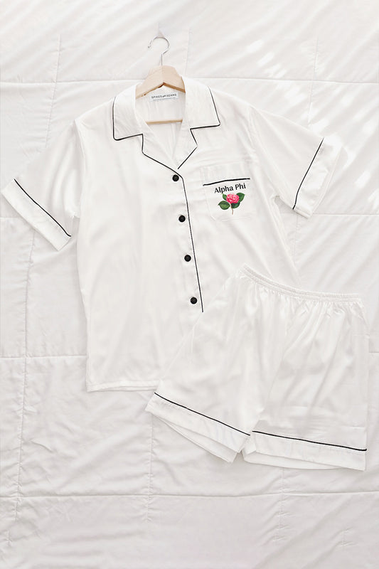 White rose pajamas - custom text - Spikes and Seams Greek