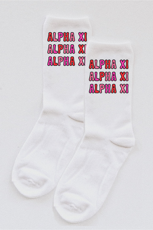 Pink Bubble Letter socks - Alpha Xi Delta
