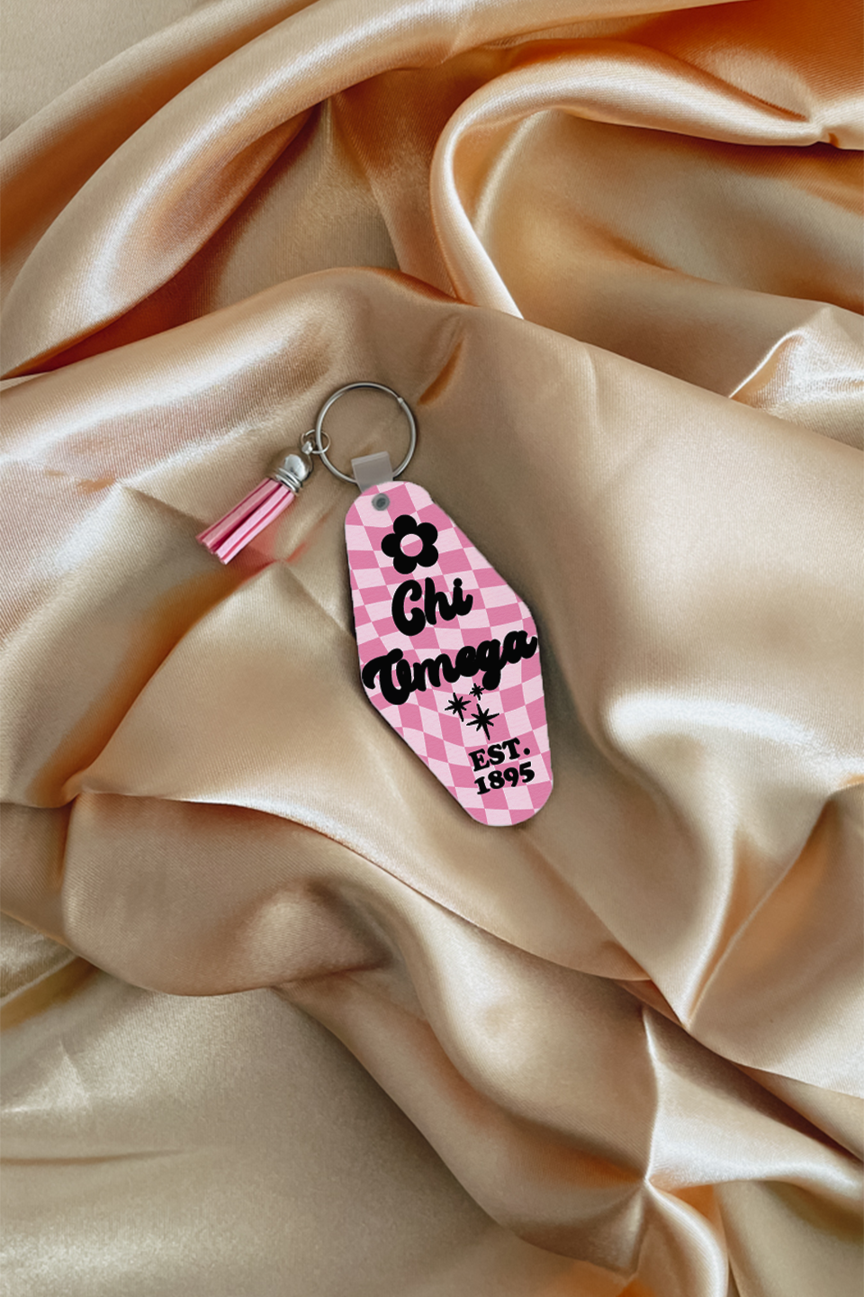 Pink checkers keychain - Chi Omega - Spikes and Seams Greek