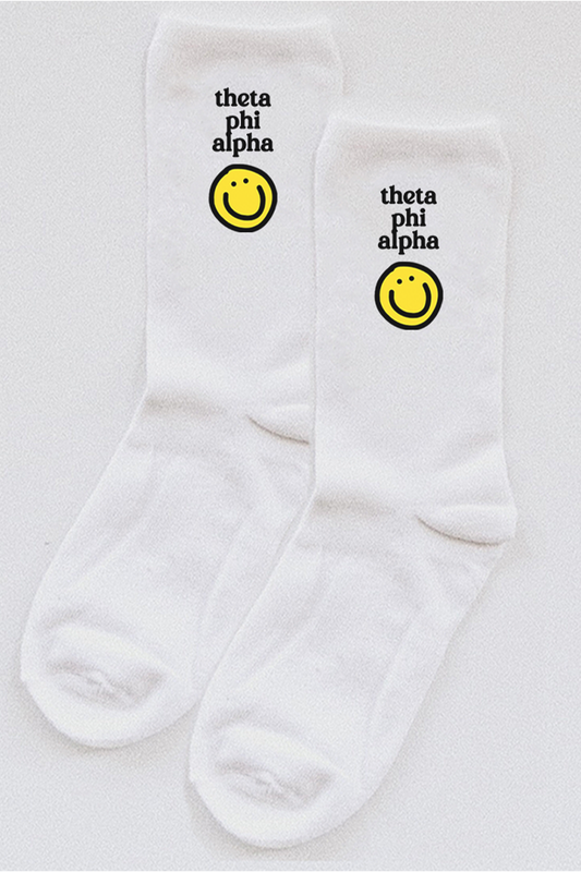 Yellow Smiley socks - Theta Phi Alpha - Spikes and Seams Greek